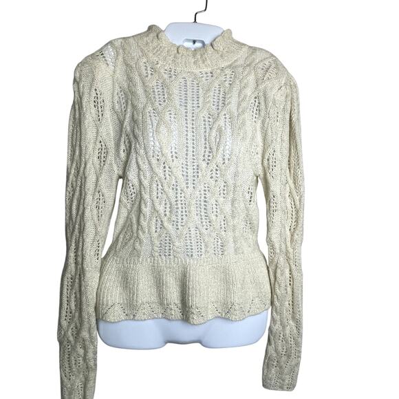 New Express Ruffle Mock Neck Pointelle Peplum Sweater White Gold Glam Holiday S - Picture 2 of 11